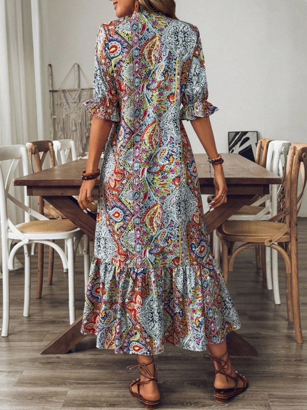 Multicolor Boho Women's Ruffle Hem & Tie Neck dress - Picture 2 of 6